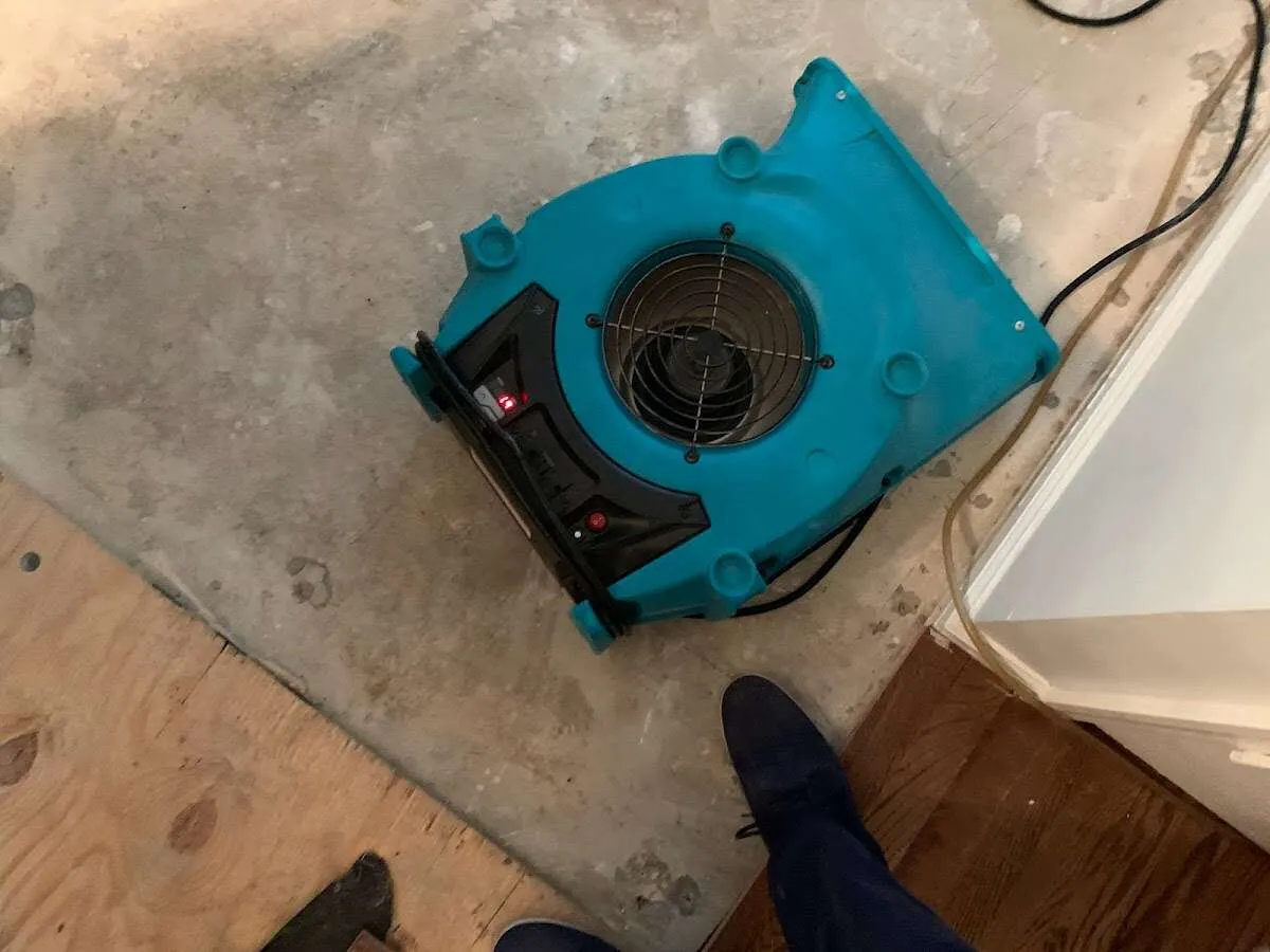 Air mover drying subfloor during Leak Detection & Repair in Southfield
